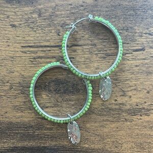 Green Beaded Silver Hoop Earrings